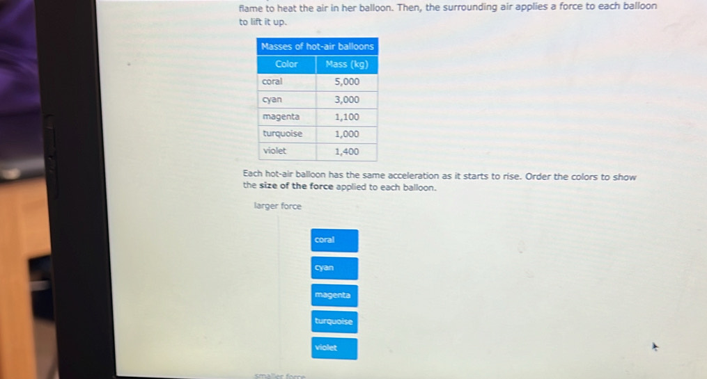 flame to heat the air in her balloon. Then, the surrounding air applies a force to each balloon
to lift it up.
Each hot-air balloon has the same acceleration as it starts to rise. Order the colors to show
the size of the force applied to each balloon.
larger force
coral
cyan
magenta
turquoise
violet