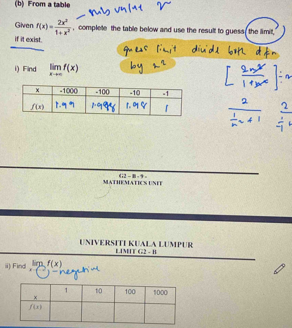 From a table
Given f(x)= 2x^2/1+x^2  , complete the table below and use the result to guess( the limit,
if it exist.
i) Find limlimits _xto ∈fty f(x)
G2 - B - 9 -
MATHEMATICS UNIT
UNIVERSITI KUALA LUMPUR
L1MIT G2 - B
ii) Find limf(x)