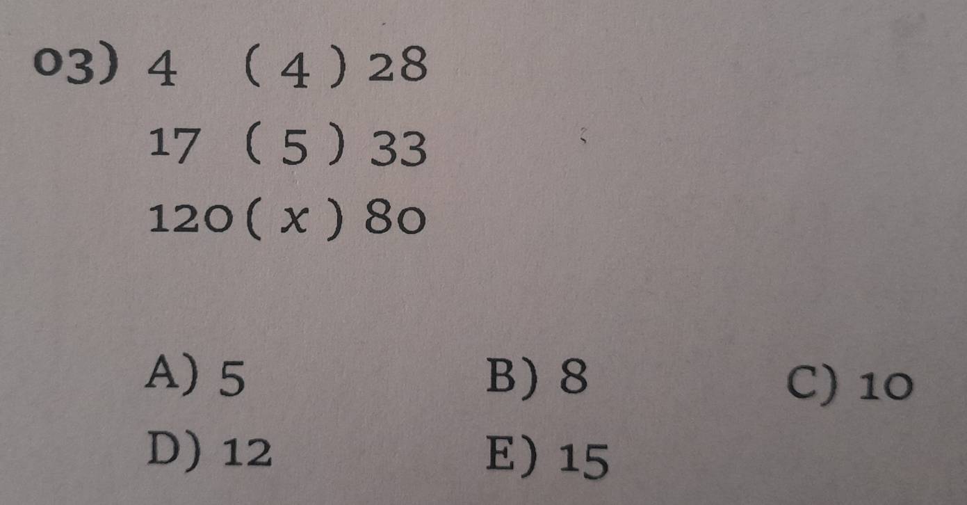 4  4  28
17  5 33
120 ( x ) 80
A) 5 B) 8
C) 10
D) 12 E) 15