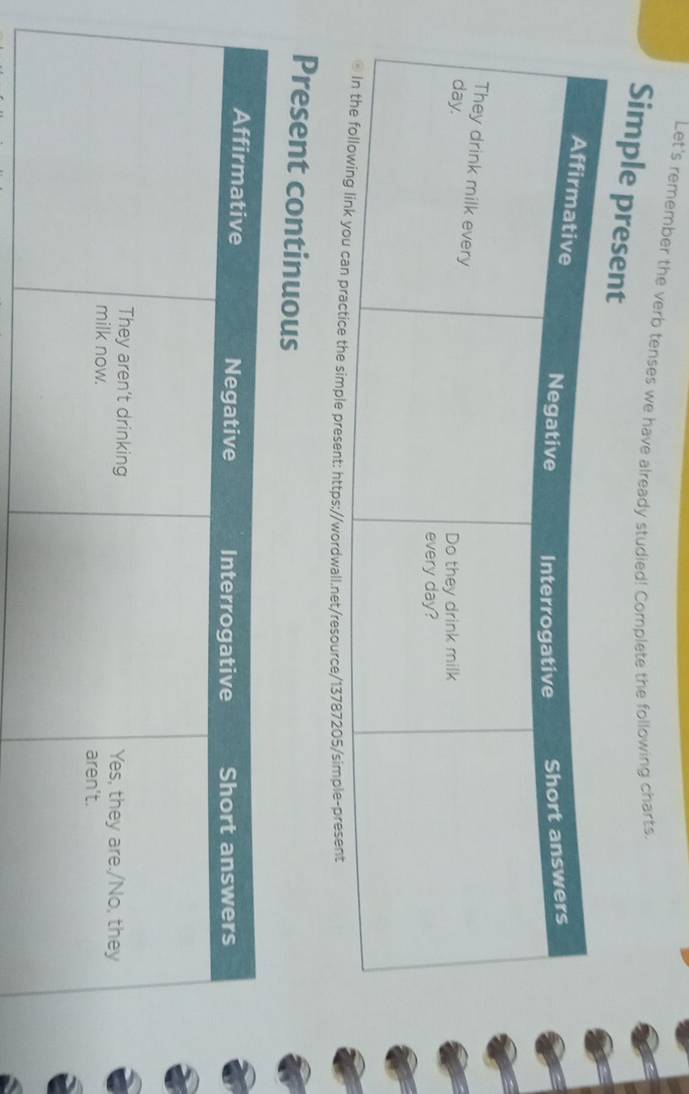 Let's remember the verb tenses we have already studied! Complete the following charts. 
Simple prese 
e present: https://wordwall.net/resource/13787205/simple-present 
Present continuous