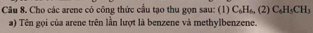 Cho các arene có công thức cầu tạo thu gọn sau: (1) C_6H_6, (2)C_6H_5CH_3
a) Tên gọi của arene trên lần lượt là benzene và methylbenzene.