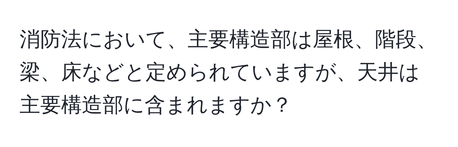 消防法において、主要構造部は屋根、階段、梁、床などと定められていますが、天井は主要構造部に含まれますか？