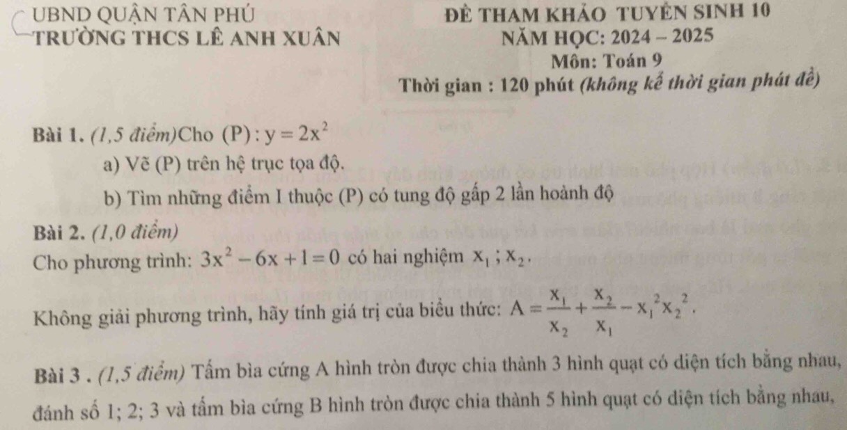 UBND QUẬN TÂN phÚ Để tham khảo tuyên sinh 10 
trườnG THCS lê Anh Xuân NăM HQC: 2024 - 2025 
Môn: Toán 9 
Thời gian : 120 phút (không kế thời gian phát đề) 
Bài 1. (l,5 điểm)Cho (P): y=2x^2
a) Vẽ (P) trên hệ trục tọa độ. 
b) Tìm những điểm I thuộc (P) có tung độ gấp 2 lần hoành độ 
Bài 2. (1,0 điểm) 
Cho phương trình: 3x^2-6x+1=0 có hai nghiệm x_1; x_2, 
Không giải phương trình, hãy tính giá trị của biểu thức: A=frac x_1x_2+frac x_2x_1-x_1^2x_2^2. 
Bài 3 . (1,5 điểm) Tấm bìa cứng A hình tròn được chia thành 3 hình quạt có diện tích bằng nhau, 
đánh số 1; 2; 3 và tấm bìa cứng B hình tròn được chia thành 5 hình quạt có diện tích bằng nhau,