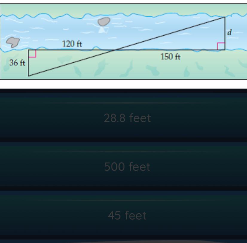 d
120 ft
150 ft
36 ft
28.8 feet
500 feet
45 feet