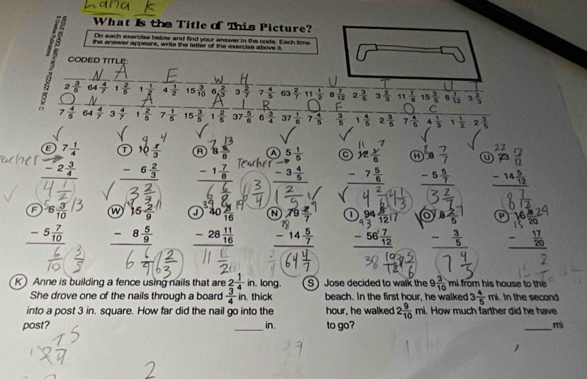 What Is the Title of This Picture?
Do each exercise below and find your answer in the code. Each time
the answer appears, write the letter of the exercise above it.
CODED TITLE:
2 3/5  64  4/7  1 2/5  1 1/2  4 1/2  15 3/10   2/3  3 2/7  7 4/5   2/7  ` 1 1/2  B  7/12  2 3/5  a  2/3   7/8  15 3/5   7/12  3 2/3 
7 4/5  64  4/7  3 4/7  1  2/5  7 1/5  15 3/5  1 2/5  37  5/6  6  3/4  37  1/6  7 4/5   3/5  1 4/5  2 3/5  7 4/5  4 1/3  1 1/2  2 3/5 
T
beginarrayr  -2 3/4  hline endarray a 1 beginarrayr A)5 1/5  -P 4/5  hline endarray a a a 
_ -7 5/6 
-14 5/12 
Z
F 6 3/10  w J N o P
-5 7/10 
(
K Anne is building a fence using nails that are 2 1/4 in , long.  Jose decided to walk the 9 3/10  mi from his house to the
She drove one of the nails through a board  3/4 in.. thick beach. In the first hour, he walked 3 4/5 mi In the second
into a post 3 in. square. How far did the nail go into the hour, he walked 2 9/10 mi. How much farther did he have
post? _in. to go? _mi