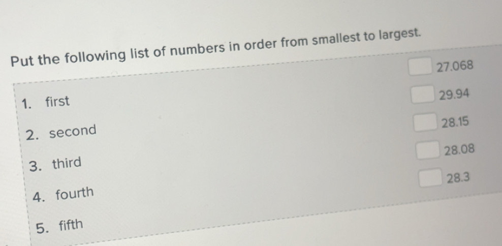 Solved: Put the following list of numbers in order from smallest to ...