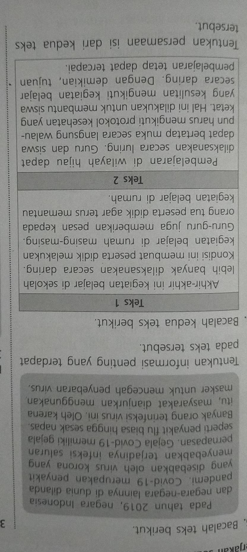 rjakan 
. Bacalah teks berikut. 
3 
Pada tahun 2019, negara Indonesia 
dan negaraçnegara lainnya dí dunia dilanda 
pandemi. Covid-19 merupakan penyakit 
yang disebabkan oleh virus korona yang 
menyebabkan terjadinya infeksi saluran 
pernapasan. Gejala Covid-19 memiliki gejala 
seperti penyakit flu biasa hingga sesak napas. 
Banyak orang terinfeksi virus ini. Oleh karena 
itu, masyarakat dianjurkan menggunakan 
masker untuk mencegah penyebaran virus. 
Tentukan informasi penting yang terdapat 
pada teks tersebut. 
, Bacalah kedua teks berikut. 
l 
o 
s 
Tentukan persamaan isi dari kedua teks 
tersebut.