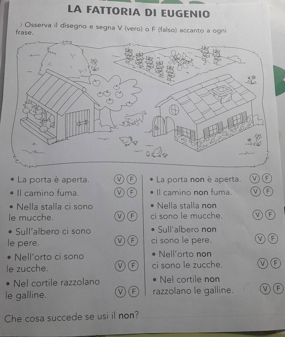 LA FATTORIA DI EUGENIO
)Osserva il disegno e segna V (vero) o F (falso) accanto a ogni
frase.
La porta è aperta. V F La porta non è aperta. VF
Il camino fuma. v F ll camino non fuma. F
Nella stalla ci sono Nella stalla non
le mucche. VF ci sono le mucche.
Sull’albero ci sono Sull'albero non
le pere.
VF ci sono le pere.
VF
Nell’orto ci sono
Nell'orto non
le zucche. ci sono le zucche. ▽F
VF
Nel cortile razzolano Nel cortile non
le galline.
VF razzolano le galline. VF
Che cosa succede se usi il non?_