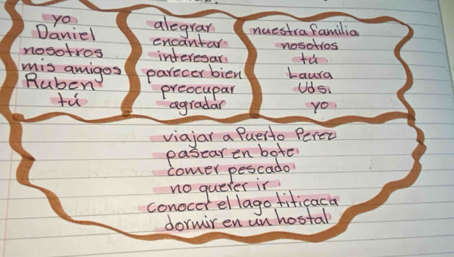 yo 
Daniel alegrar nuestrafamilia 
encantar nosotros 
nosotros interesar fù 
mis amigos parecer bien Laura 
Ruben Uds. 
fù 
preocupar 
agradar 
yo 
viajar a Puerto Perer 
pascar en boter 
comer pescado 
no queter in 
conocer el lago fificaca 
dormiren an hostal