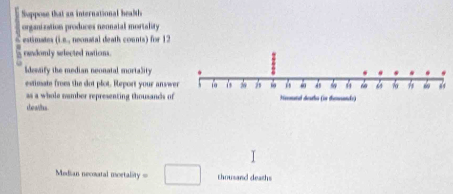 Suppose that an international health 
organization produces neonatal mortality 
estimates (i.e., neonatal death counts) for 12
randomly selected nations. 
Identify the median neonatal mortality 
estimate from the dot plot. Report your answe 
as a whole number representing thousands of 
deaths 
Median neonatal mortality = □ thousand deaths