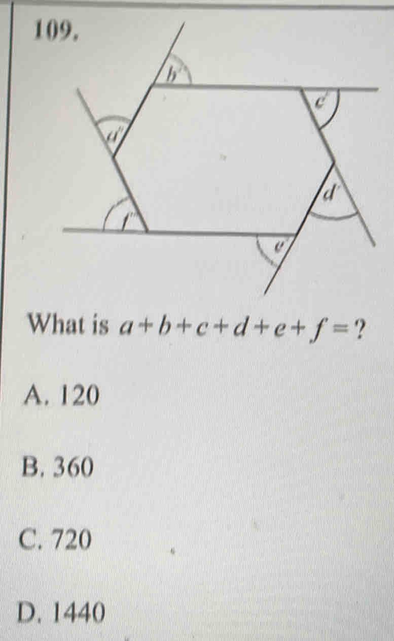 What is a+b+c+d+e+f= ?
A. 120
B. 360
C. 720
D. 1440