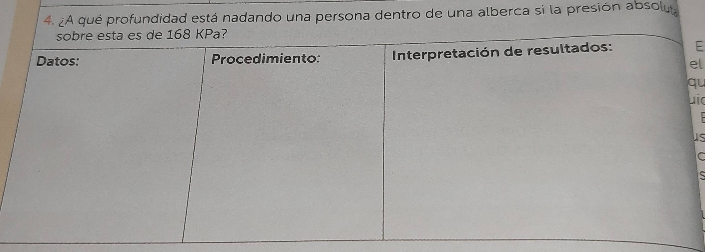 ¿A qué profundidad está nadando una persona dentro de una alberca si la presión absoluta 
E 
l 
u 
ic 
us 
C