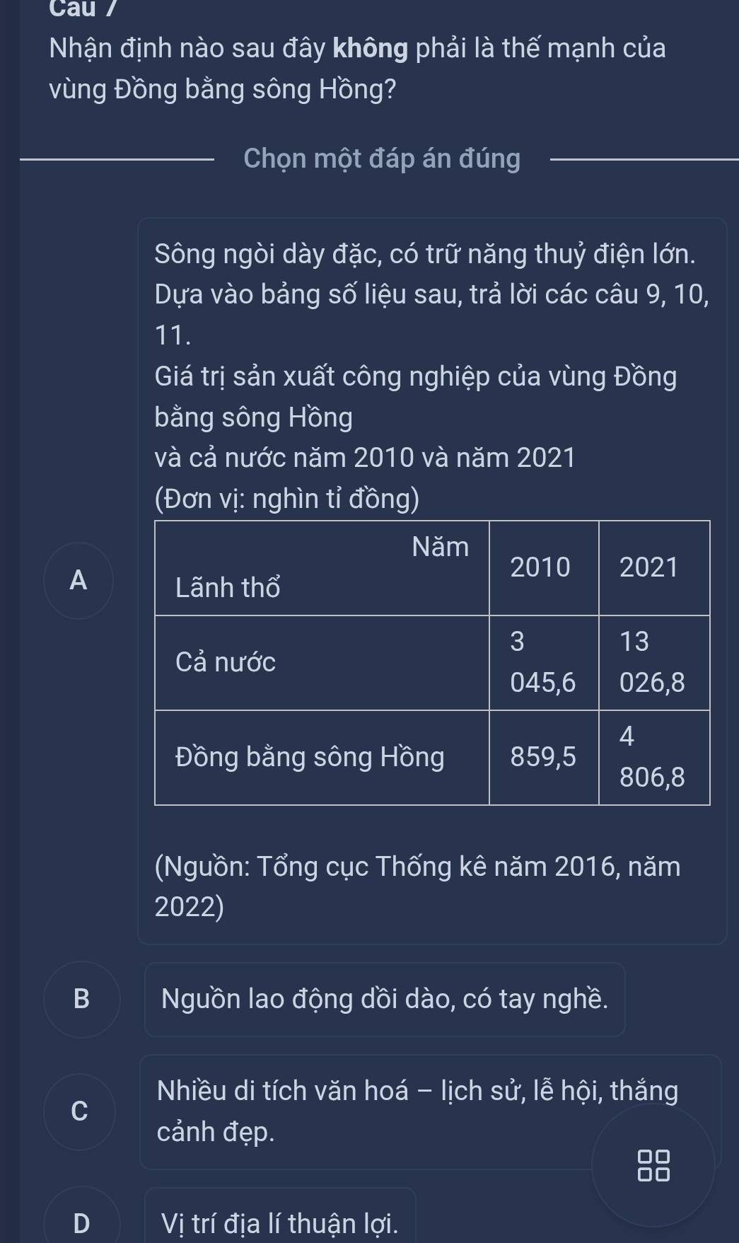 Cau /
Nhận định nào sau đây không phải là thế mạnh của
vùng Đồng bằng sông Hồng?
_
_Chọn một đáp án đúng
Sông ngòi dày đặc, có trữ năng thuỷ điện lớn.
Dựa vào bảng số liệu sau, trả lời các câu 9, 10,
11.
Giá trị sản xuất công nghiệp của vùng Đồng
bằng sông Hồng
và cả nước năm 2010 và năm 2021
(Đơn vị: nghìn tỉ đồng)
A
(Nguồn: Tổng cục Thống kê năm 2016, năm
2022)
B Nguồn lao động dồi dào, có tay nghề.
Nhiều di tích văn hoá - lịch sử, lễ hội, thắng
cảnh đẹp.
D Vị trí địa lí thuận lợi.