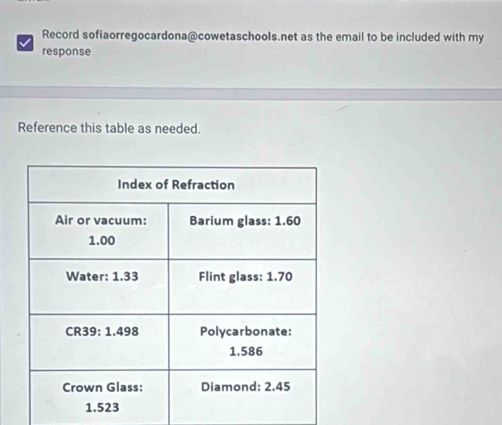 Record sofiaorregocardona@cowetaschools.net as the email to be included with my 
response 
Reference this table as needed.