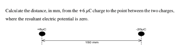 Calculate the distance, in mm, from the +6 μC charge to the point between the two charges, 
where the resultant electric potential is zero.