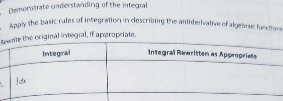 Demonstrate understanding of the integral 
Apply the basic rules of integration in describing the antiderivative of algebraic functions 
R original integral, if appropriate. 
1