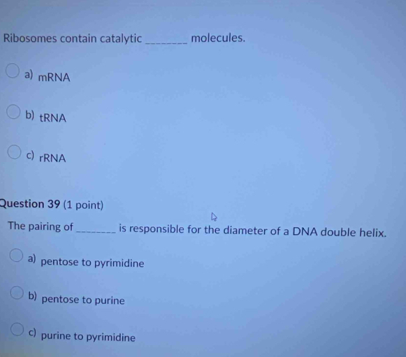 Ribosomes contain catalytic_ molecules.
a) mRNA
b) tRNA
c) rRNA
Question 39 (1 point)
The pairing of _is responsible for the diameter of a DNA double helix.
a) pentose to pyrimidine
b) pentose to purine
c) purine to pyrimidine