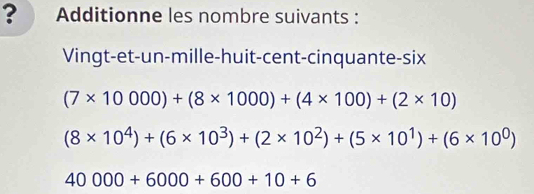 ? Additionne les nombre suivants : 
Vingt-et-un-mille-huit-cent-cinquante-six
(7* 10000)+(8* 1000)+(4* 100)+(2* 10)
(8* 10^4)+(6* 10^3)+(2* 10^2)+(5* 10^1)+(6* 10^0)
40000+6000+600+10+6