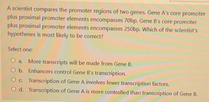 Solved: A scientist compares the promoter regions of two genes. Gene A ...