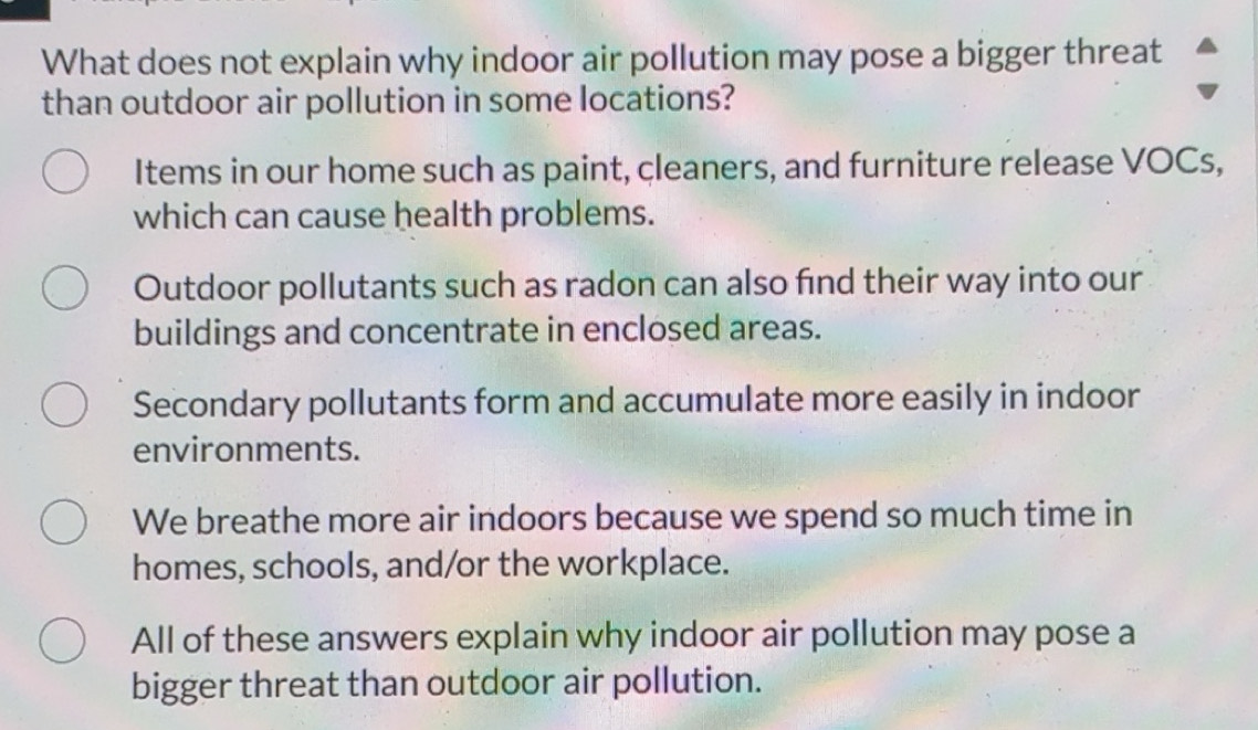Solved: What does not explain why indoor air pollution may pose a ...