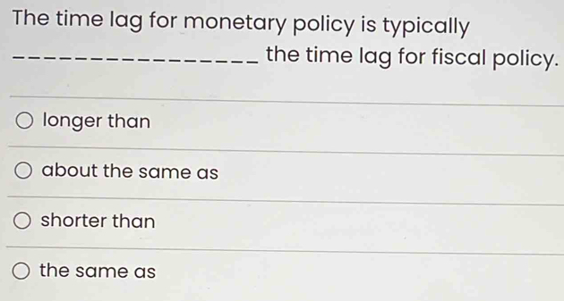 The time lag for monetary policy is typically
_the time lag for fiscal policy.
longer than
about the same as
shorter than
the same as