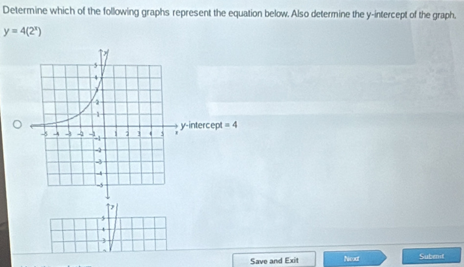 Determine which of the following graphs represent the equation below, Also determine the y-intercept of the graph.
y=4(2^x)
-intercept =4
5
4
3
Save and Exit Next Submit