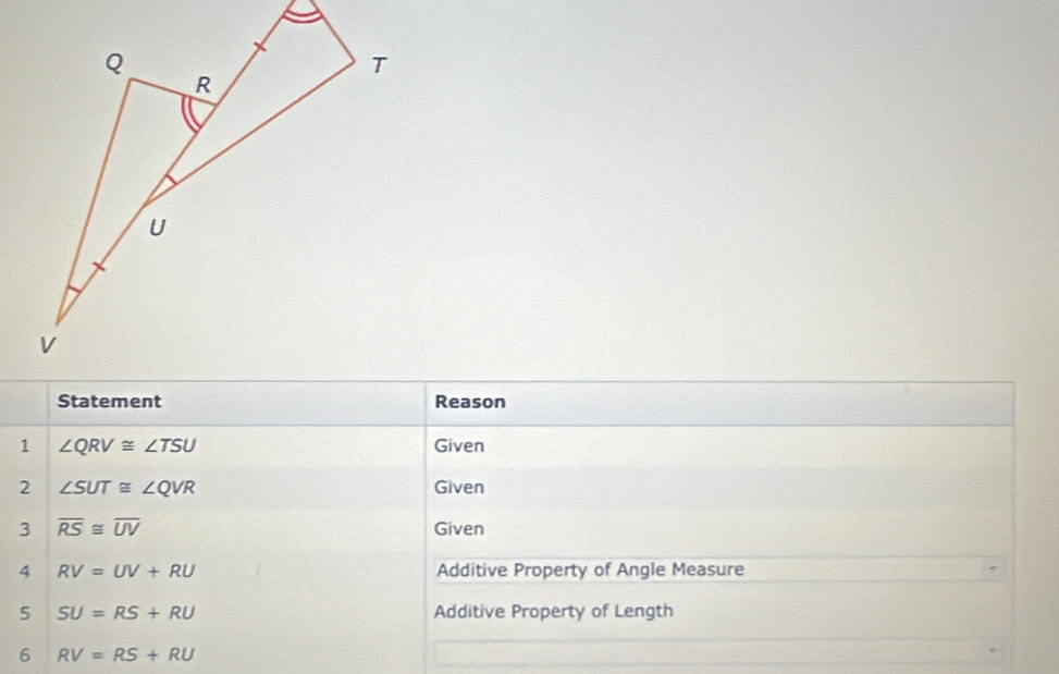 Reason 
1 ∠ QRV≌ ∠ TSU Given 
2 ∠ SUT≌ ∠ QVR Given 
3 overline RS≌ overline UV Given 
4 RV=UV+RU Additive Property of Angle Measure 
5 SU=RS+RU Additive Property of Length 
6 RV=RS+RU