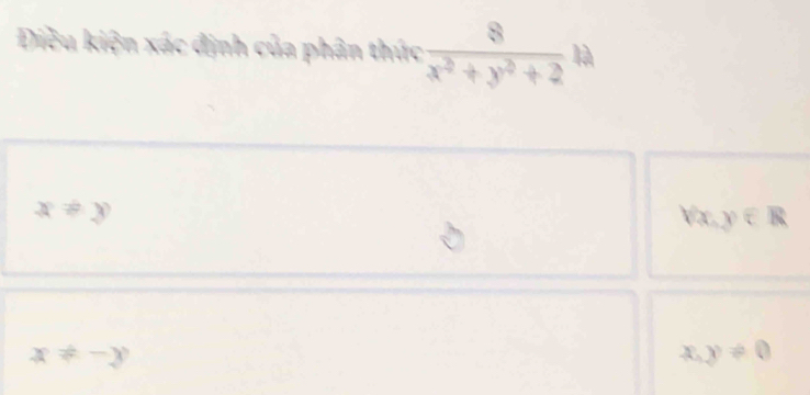 X á c định của phân thúc  8/x^2+y^2+2 
x!= y
x!= -y
x,y!= 0