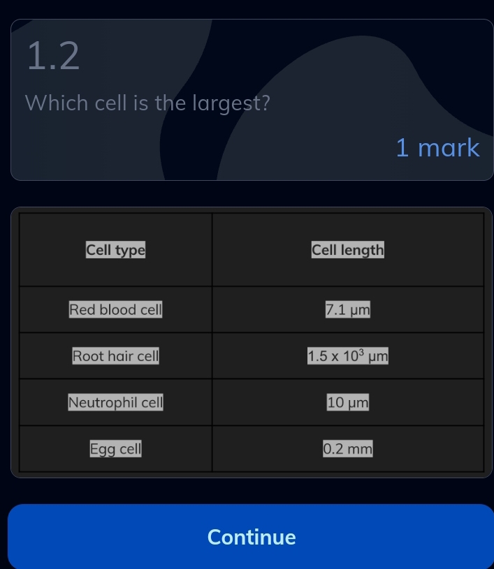 1.2
Which cell is the largest?
1 mark
Continue