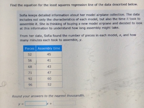 Find the equation for the least squares regression line of the data described below. 
Sofia keeps detailed information about her model airplane collection. The data 
includes not only the characteristics of each model, but also the time it took to 
assemble it. She is thinking of buying a new model airplane and decided to look 
at this information to understand how long assembly might take. 
From her data, Sofia found the number of pieces in each model, x, and how 
many minutes each took to assemble, y. 
Round your answers to the nearest thousandth.
y=□ x+□