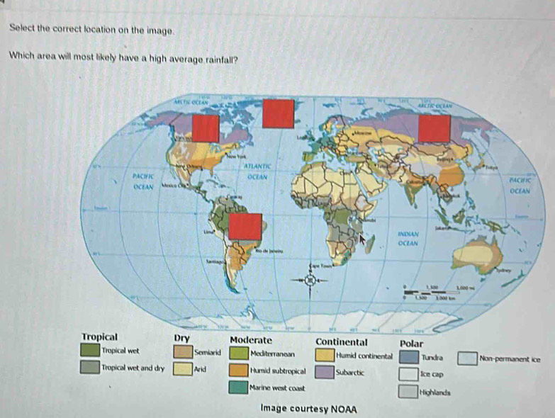 Select the correct location on the image.
Which area will most likely have a high average rainfall?
Mediterranean Humid continental Tundra Non-permanent ice
Tropical wet and dry Arid Humid subtropical Subarctic Ice cap
Marine west coast Highlands
Image courtesy NOAA