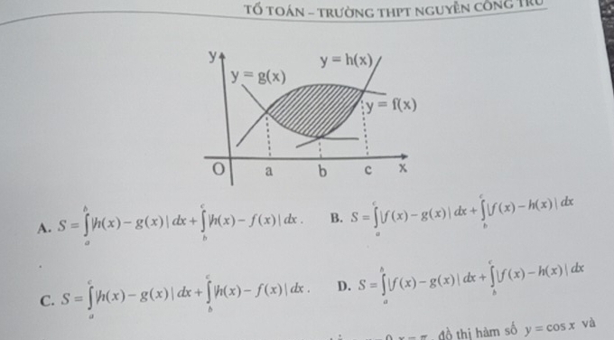 Tố TOán - trường thPT nguyễn công Trư
y
y=h(x)
y=g(x)
y=f(x)
a b c x
A. S=∈tlimits _a^b|h(x)-g(x)|dx+∈tlimits _b^c|h(x)-f(x)|dx. B. S=∈tlimits _a^c|f(x)-g(x)|dx+∈tlimits _b^c[f(x)-h(x)|dx
C. S=∈tlimits _a^c|h(x)-g(x)|dx+∈tlimits _b^c|h(x)-f(x)|dx. D. S=∈tlimits _a^b|f(x)-g(x)|dx+∈tlimits _b^c|f(x)-h(x)|dx
--π đồ thị hàm số y=cos x vù