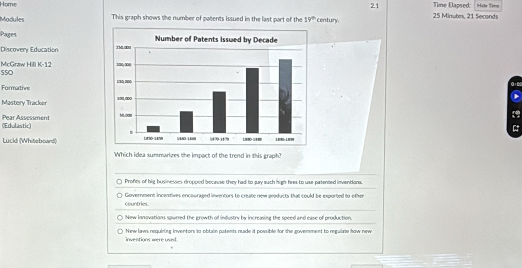 Home Time Elapsed: Hide Time
2.1
Modules This graph shows the number of patents issued in the last part of the 19^(th) century. 25 Minutes, 21 Seconds
Pages 
Discovery Education 
McGraw Hill K-12 
SSO0 : 02
Formative
Mastery Tracker 
Pear Assessment 
(Edulastic)

Lucid (Whiteboard) 
Which idea summarizes the impact of the trend in this graph?
Profits of big businesses dropped because they had to pay such high fees to use patented inventions.
Government incentives encouraged inventors to create new products that could be exported to other
countries.
New innovations spurred the growth of industry by increasing the speed and ease of production.
New laws requiring inventors to obtain patents made it possible for the government to regulate how new
inventions were used.