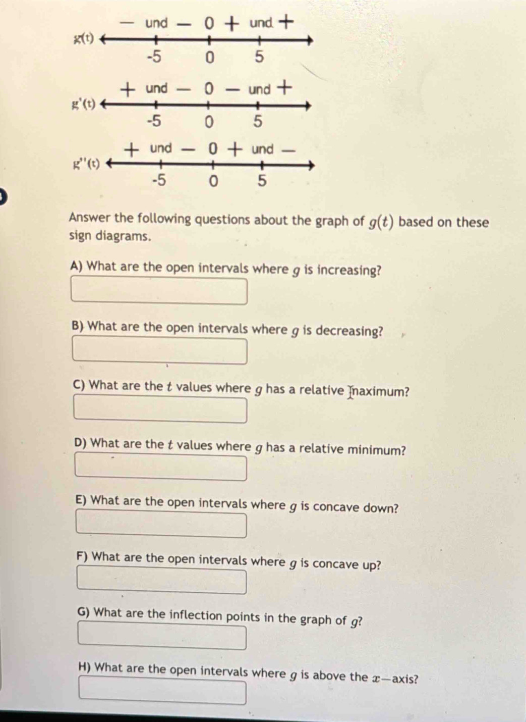 und  0 + und +
g(t)
+ und 0 und +
+ und 0 + und
g''(t)
Answer the following questions about the graph of g(t) based on these
sign diagrams.
A) What are the open intervals where g is increasing?
B) What are the open intervals where g is decreasing?
C) What are the t values where g has a relative mnaximum?
D) What are the t values where g has a relative minimum?
E) What are the open intervals where g is concave down?
F) What are the open intervals where g is concave up?
G) What are the inflection points in the graph of g?
H) What are the open intervals where g is above the x—axis?