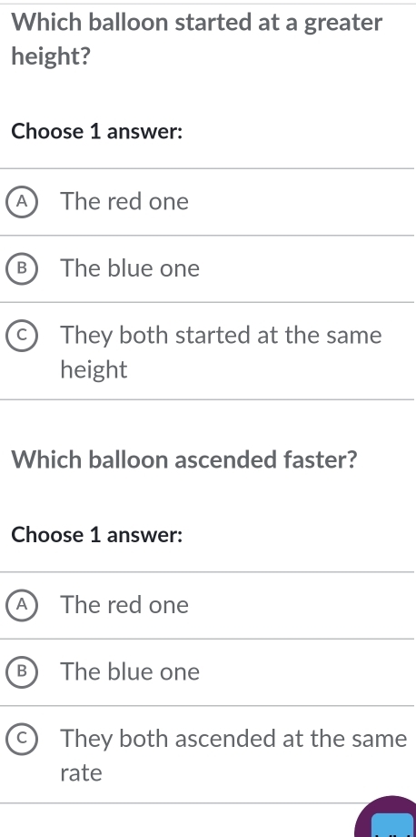 Which balloon started at a greater
height?
Choose 1 answer:
The red one
The blue one
They both started at the same
height
Which balloon ascended faster?
Choose 1 answer:
The red one
The blue one
They both ascended at the same
rate