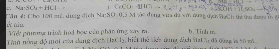 112600+61111
e. Na_2SO_4+HCl j. CaCO_3+2HCl
KOH+H_2SO_4
Câu 4: Cho 100 mL dung dịch Na_2SO_40,5 M tác dụng vừa đủ với dung dịch BaCl_2 thi thu được m g
ết tủa.
Viết phương trình hoá học của phản ứng xảy ra. b. Tính m.
Tính nồng độ mol của dung dịch BaCl_2 , biết thể tích dung dịch BaCl_2 đã dùng là 50 mL.