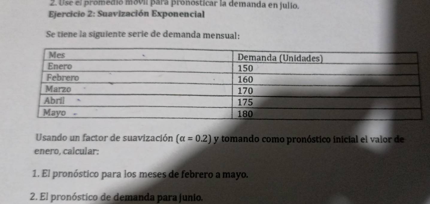 Use el promedio móvil para pronosticar la demanda en julio. 
Ejercicio 2: Suavización Exponencial 
Se tiene la siguiente serie de demanda mensual: 
Usando un factor de suavización (alpha =0.2) y tomando como pronóstico inicial el valor de 
enero, calcular: 
1. El pronóstico para los meses de febrero a mayo. 
2. El pronóstico de demanda para junio.