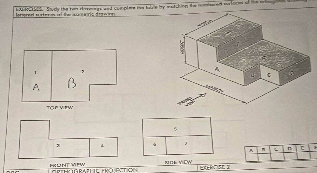 EXERCISES. Study the two drawings and complete the table by matching the numbered surfaces of the ormagonal af 
lettered surfaces of the isometric drawing. 
1 
2 
A 
TOP VIEW 
5 
3 
4 
6 7
FRONT VIEW SIDE VIEW 
ORTHOGRAPHIC PROJECTION EXERCISE 2