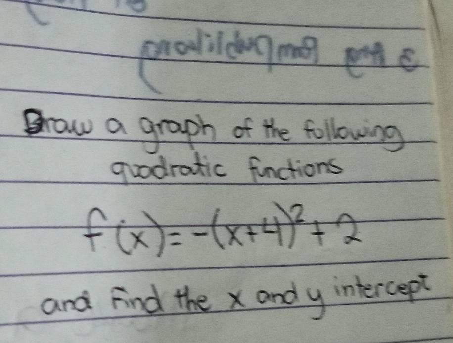 prolildaym pane 
Brow a graph of the following 
quadratic functions
f(x)=-(x+4)^2+2
and Find the x andy intercept