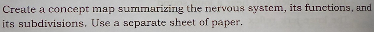 Create a concept map summarizing the nervous system, its functions, and 
its subdivisions. Use a separate sheet of paper.