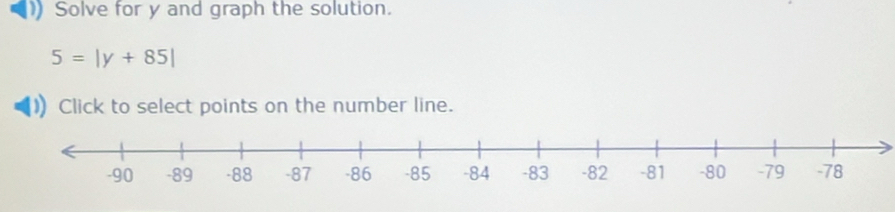 Solve for y and graph the solution.
5=|y+85|
Click to select points on the number line.