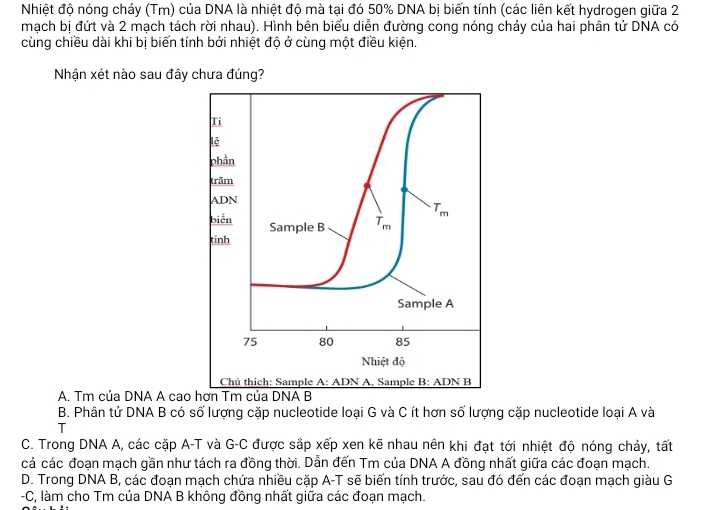 Giải quyết:Nhiệt độ nóng chảy (Tm) của DNA là nhiệt độ mà tại đó 50% ...