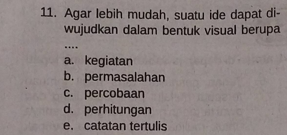 Agar lebih mudah, suatu ide dapat di-
wujudkan dalam bentuk visual berupa
…
a. kegiatan
b. permasalahan
c. percobaan
d. perhitungan
e. catatan tertulis