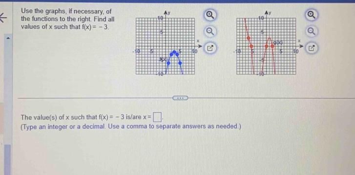 Use the graphs, if necessary, of 
the functions to the right. Find all 
values of x such that f(x)=-3. 

The value(s) of x such that f(x)=-3 is/are x=□. 
(Type an integer or a decimal. Use a comma to separate answers as needed.)