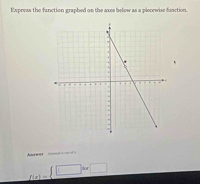 Express the function graphed on the axes below as a piecewise function. 
Answer Anempt 2 out of 2
f(x)=beginarrayl □  □ endarray. for □