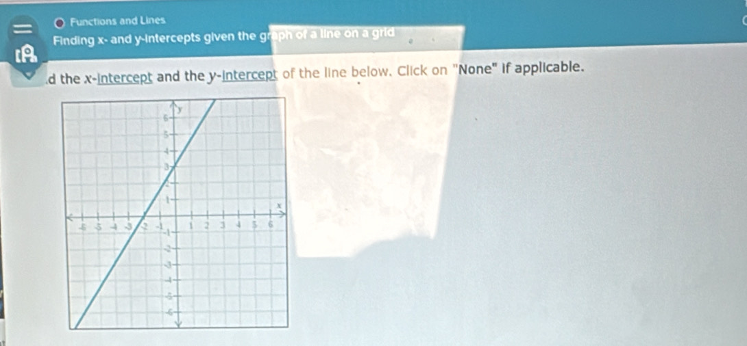 Functions and Lines 
IA Finding x - and y-intercepts given the graph of a line on a grid @ 
d the x-intercept and the y-intercept of the line below, Click on "None" if applicable.