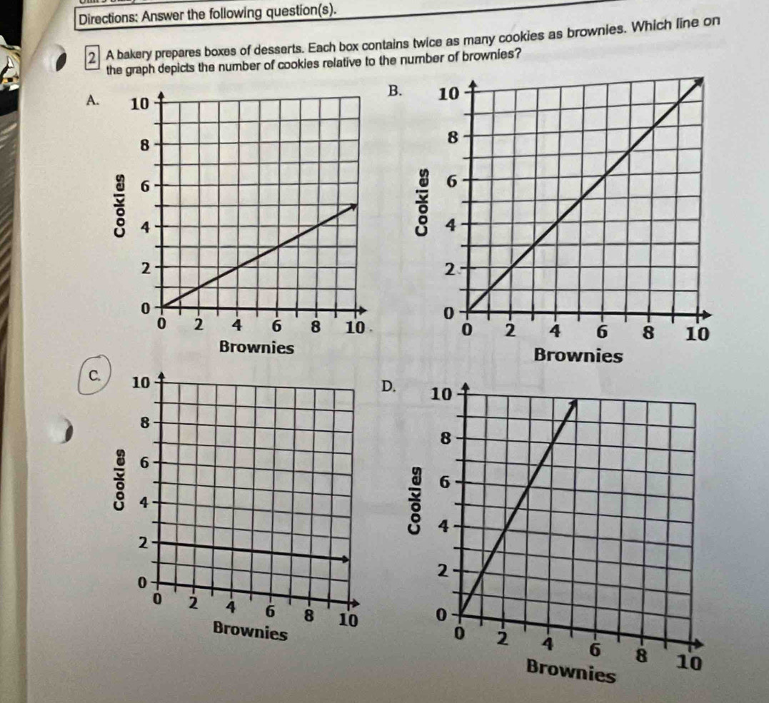 Directions: Answer the following question(s).
2 A bakery prepares boxes of desserts. Each box contains twice as many cookies as brownies. Which line on
the graph depicts the number of cookies relative to the number of brownies?
B.
A. 
Brownies Brownies
C.
D. 

s