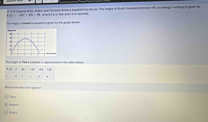 Questión 187
LT 3.1b Suppose Brett, Andre, and Tim each throw a baseball into the air. The height of Brett's baseball (thrown off a building's rooftop) is given by
h(t)=-16t^2+32t+48 , where h is in feet and t is in seconds.
The height of Andre's baseball is given by the graph below:
The height of Tim's baseball is represented in the table below.
Whose ball went the highest?
A Tim's
B Andre's
Brett's