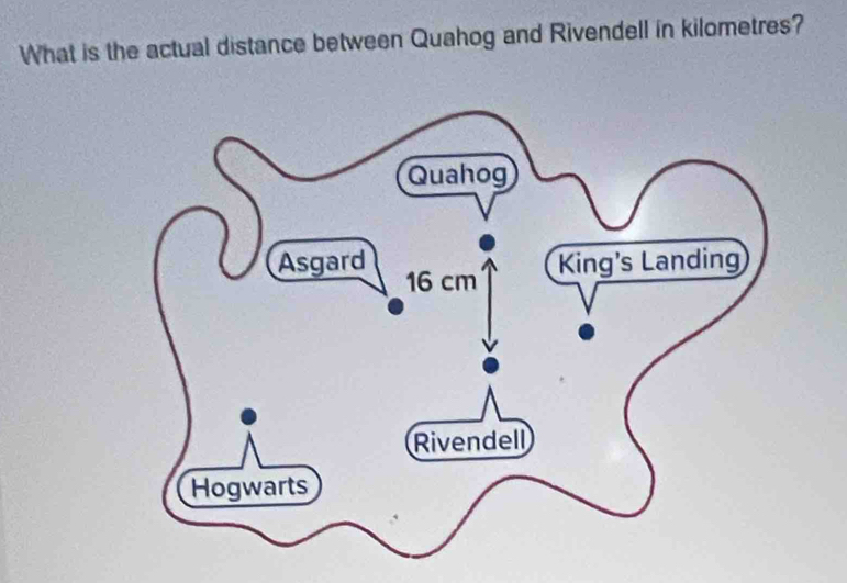 What is the actual distance between Quahog and Rivendell in kilometres?