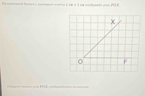 На клетчатой бумаге с размером клетки 1 см * 1 сM изображен угoл FOX.
X
F
Найдите тангенс угла FΟΧ, изображенного на рисунке.